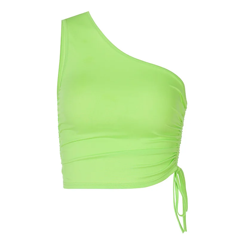 

Women Ultra Short Top Street Solid Color Fashion Sexy Tshirt Casual Umbilical One-Shoulder Side Drawstring Lacing Tee Tops 2021