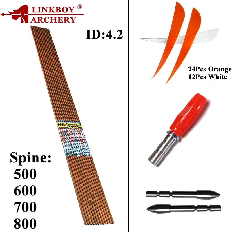 Углеродные стрелы для стрельбы из лука 12 шт. валы ID4.2 Spine 500 800 3 дюйма лопатки