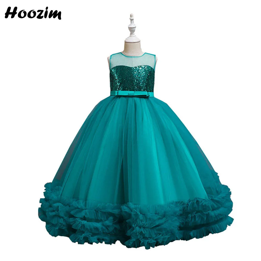 

Luxury Turquoise Glitter Sequin Gala And Pageant Dress Girls 6 To 13 Years Princess Back Bow Tulle Evening And Wedding Dresses