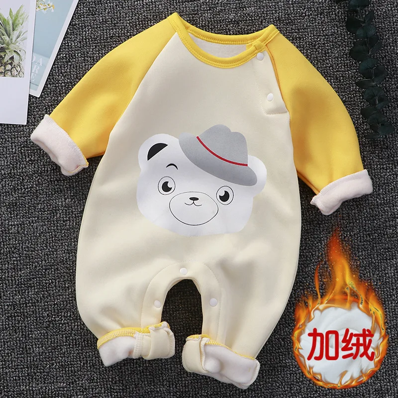

Cute Baby Girls Plus Fleece Jumpsuits Cartoon Bear Newborn Winter Rompers Baby Boys Warm Climbing Clothes Thicken Romoper