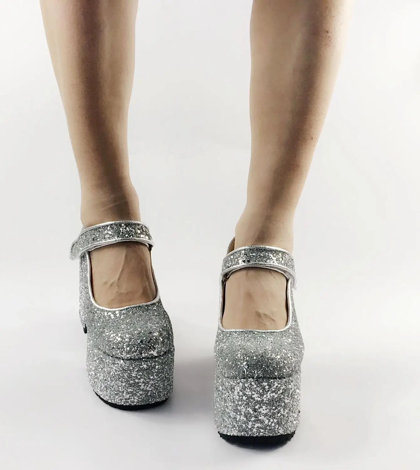 Женские свадебные туфли-лодочки серебристые на высокой платформе 10 см туфли