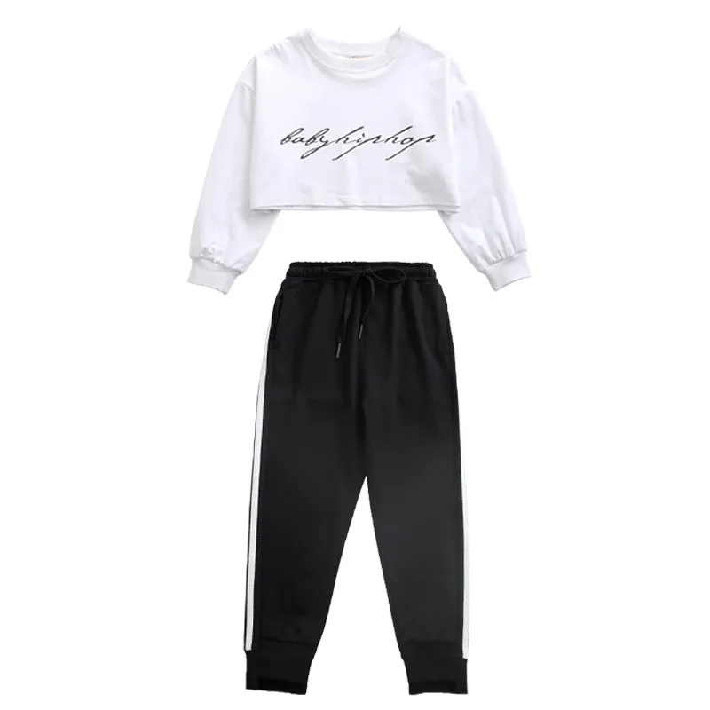 

Fashion Hip Hop Clothing Set for Teenage Girls Cotton Children's Sports Suits Streetwear Crop Tops Black Pants Dance Clothes