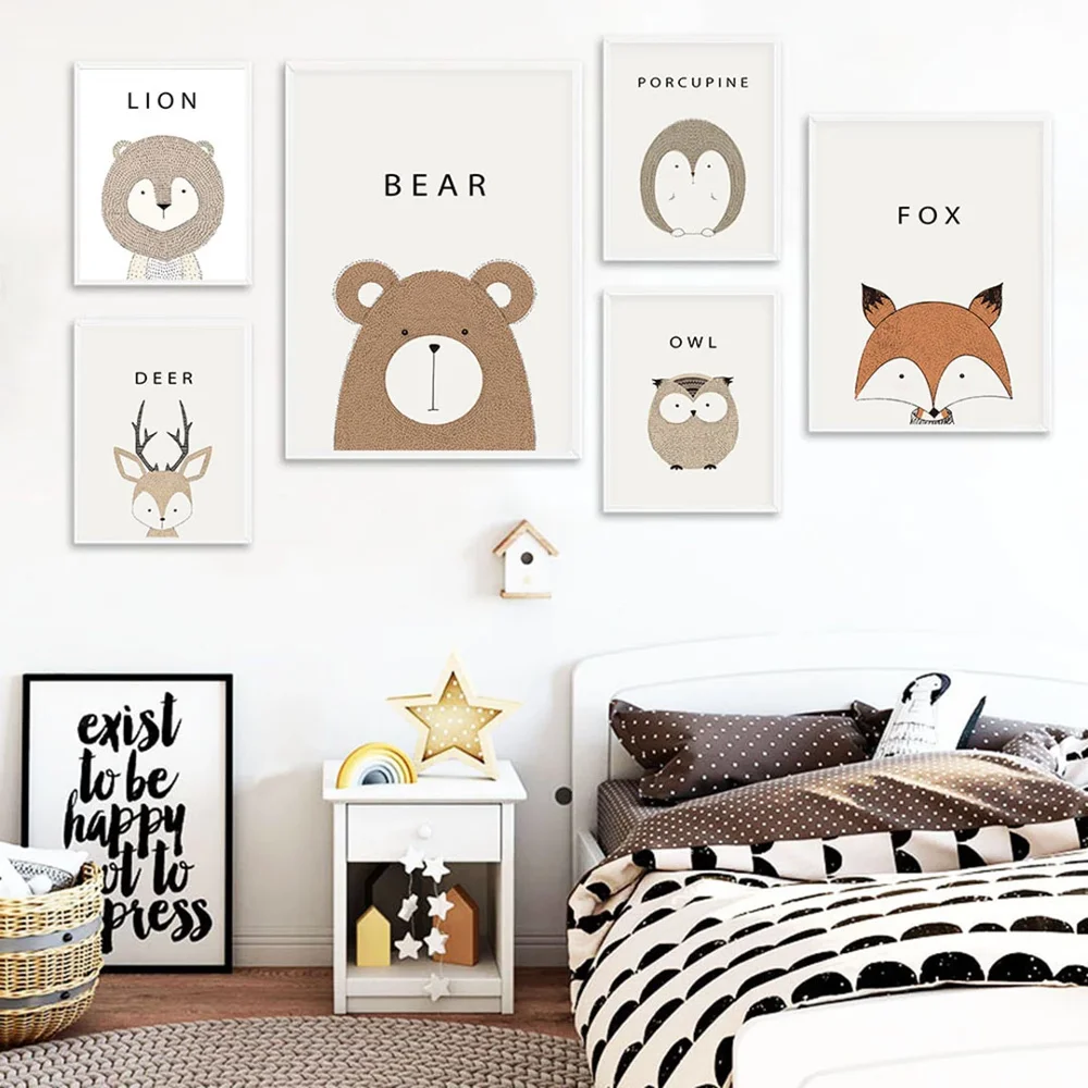 

Cartoon Animal Fox Bear Nursery Toddler POP Wall Art Canvas Paintings Poster Prints Birthday Gift Pictures Baby Room Decorative