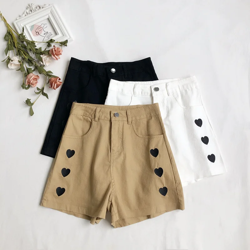 

2021 summer Korean version of the new casual wild love embroidery high waist thin cotton wide leg pants shorts women