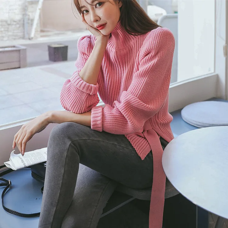 Korean Knitted Turtleneck Pullover Sweater Women 2019 Autumn Winter Puff Sleeve Lace-up Fashion Casual Female Tops Sweaters | Женская