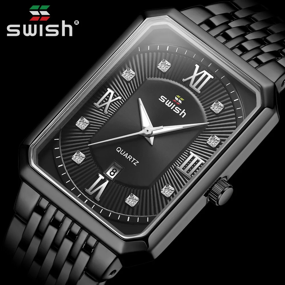 

Часы наручные мужские кварцевые, брендовые Роскошные креативные, прямоугольные спортивные водонепроницаемые со стразами, черные стальные