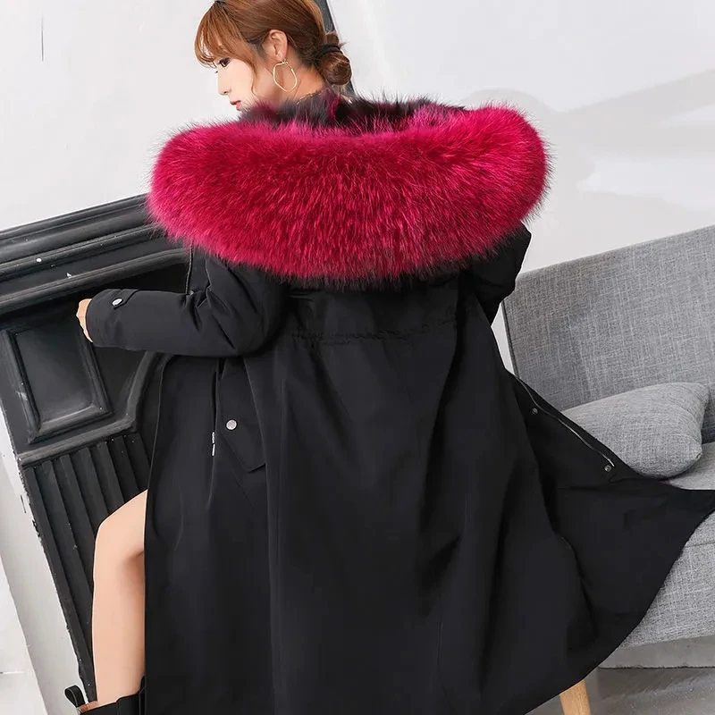 M-5XL Haining 2021 New Parkas Female Fox Hair Mid-Length Detachable Liner Imitation Fur Coat Women Warm Outer Wear Street Black