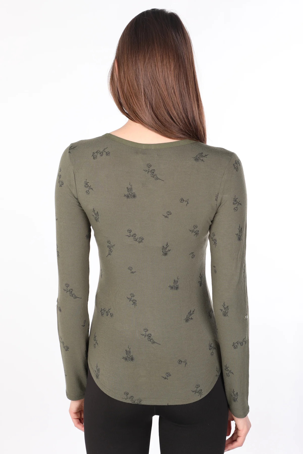 

Womens Floral Half-Button Long Sleeve Basic T-shirt Khaki