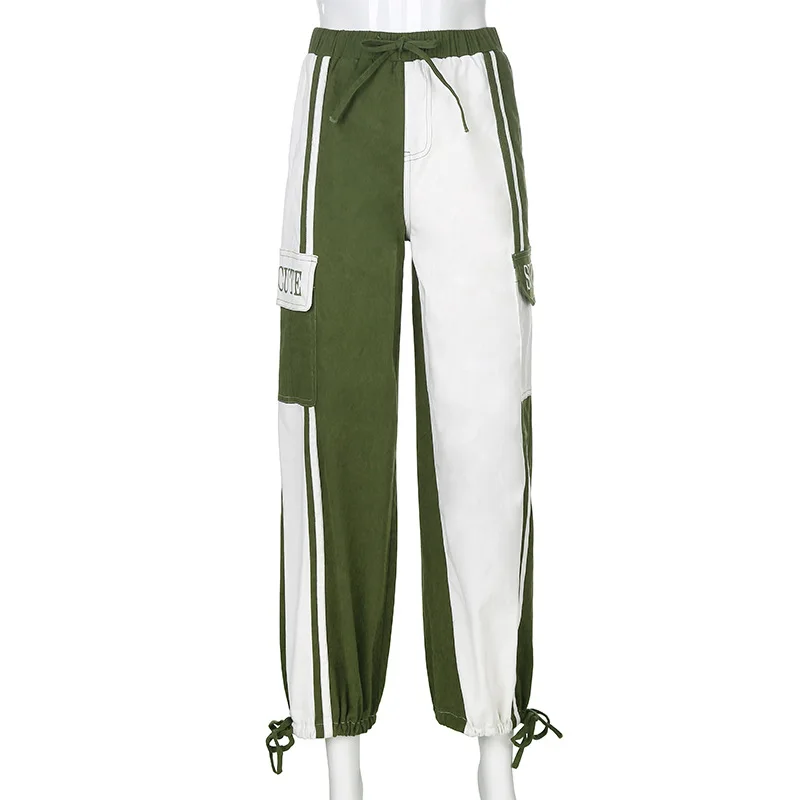 

2020 New Style Contrast Color Stitching Letter Printing Loose Casual Can Be Tied Straight Leg Pants Trousers Women