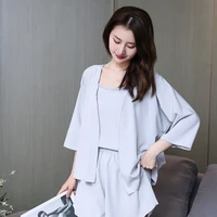 2021 summer new silk cool three piece solid color sling pajamas womens suit home wear female sleepwear nightgown lounge wear