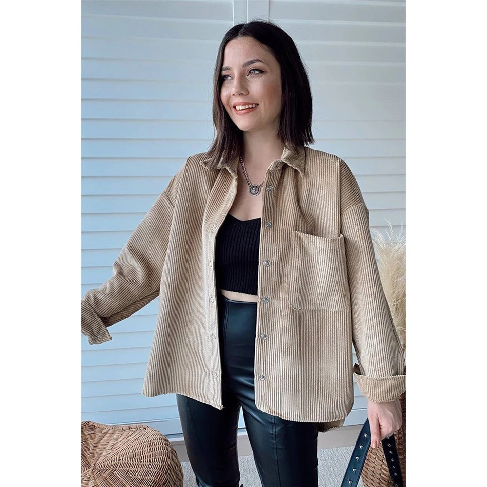 

Женская Вельветовая куртка с длинным рукавом, с воротником