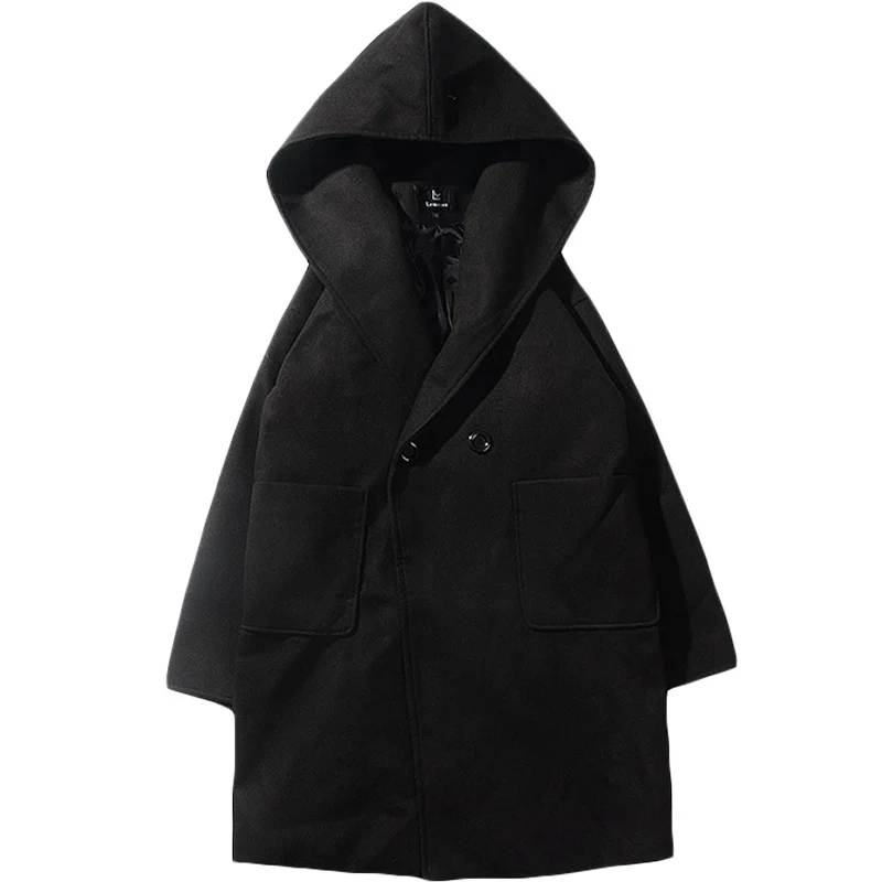 

Winter woolen coat Fashion men thick warm long hooded Blends coat Couple Hong Kong style Double-breasted Windbreaker outwear Top