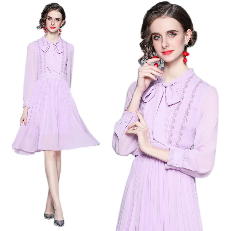 

Bow Dress Woman Spring Sleeve Elegant Casual Pleated Chiffon Dress Women Clothing Vestidos Robe Femme