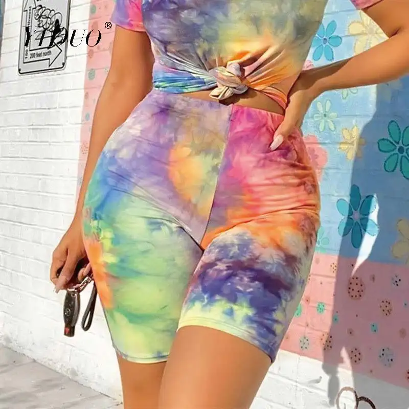 

YiDuo Summer Tie Dye Printing Crop Top And Biker Shorts Women Two Piece Sets 2020 Streetwear Casual Female Outfits Tracksuits