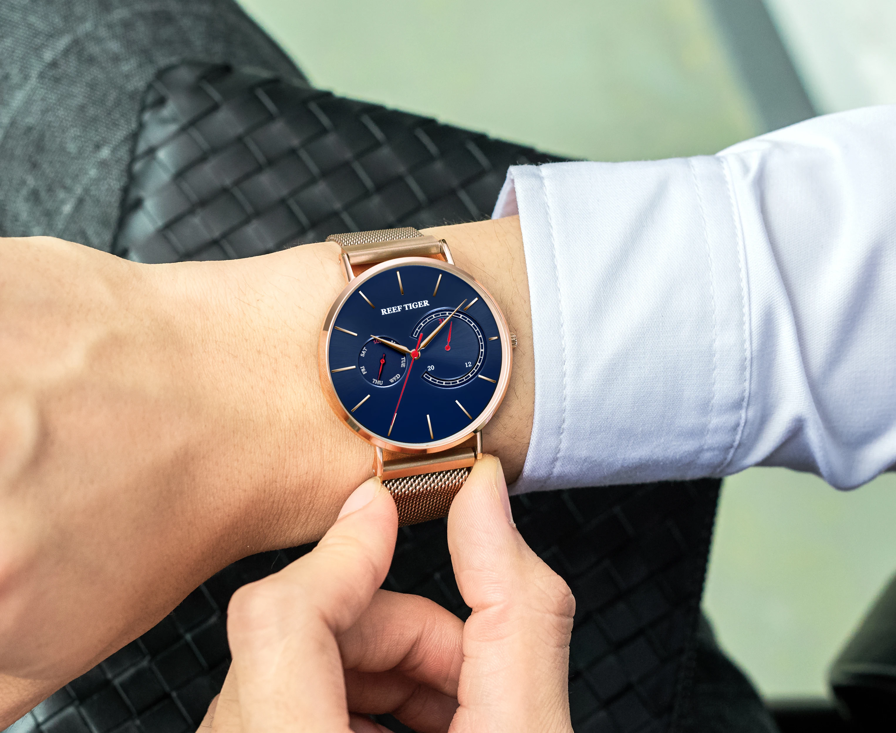 Мужские кварцевые часы с синим циферблатом из розового золота|Кварцевые мужские