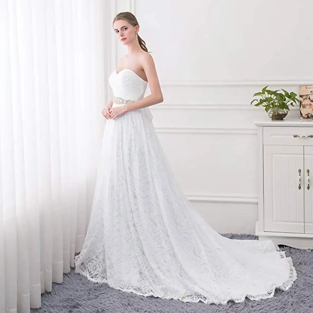 

Lace Wedding Dresses Elegant Sweetheart Crytals Beaded Sweep Train Ball Gown Wedding Gowns