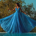 Женские шифоновые вечерние платья до пола, голубого цвета, на тонких бретелях, с V-образным вырезом, для выпускного вечера, 2021