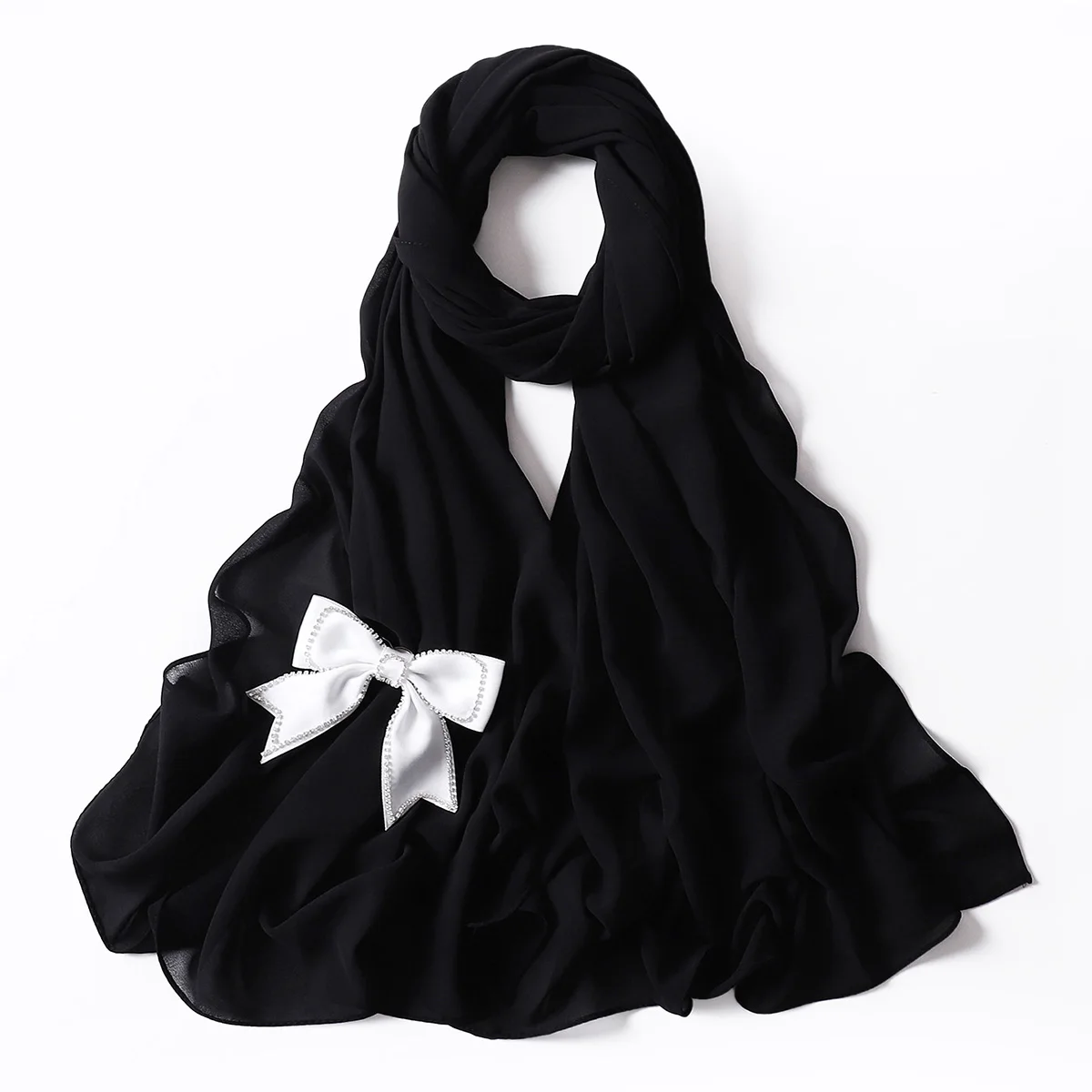 

NEW White Bow decoration Chiffon Hijab Scarf Women Muslim Scarves Popular Shawl Bandana Turban New Style