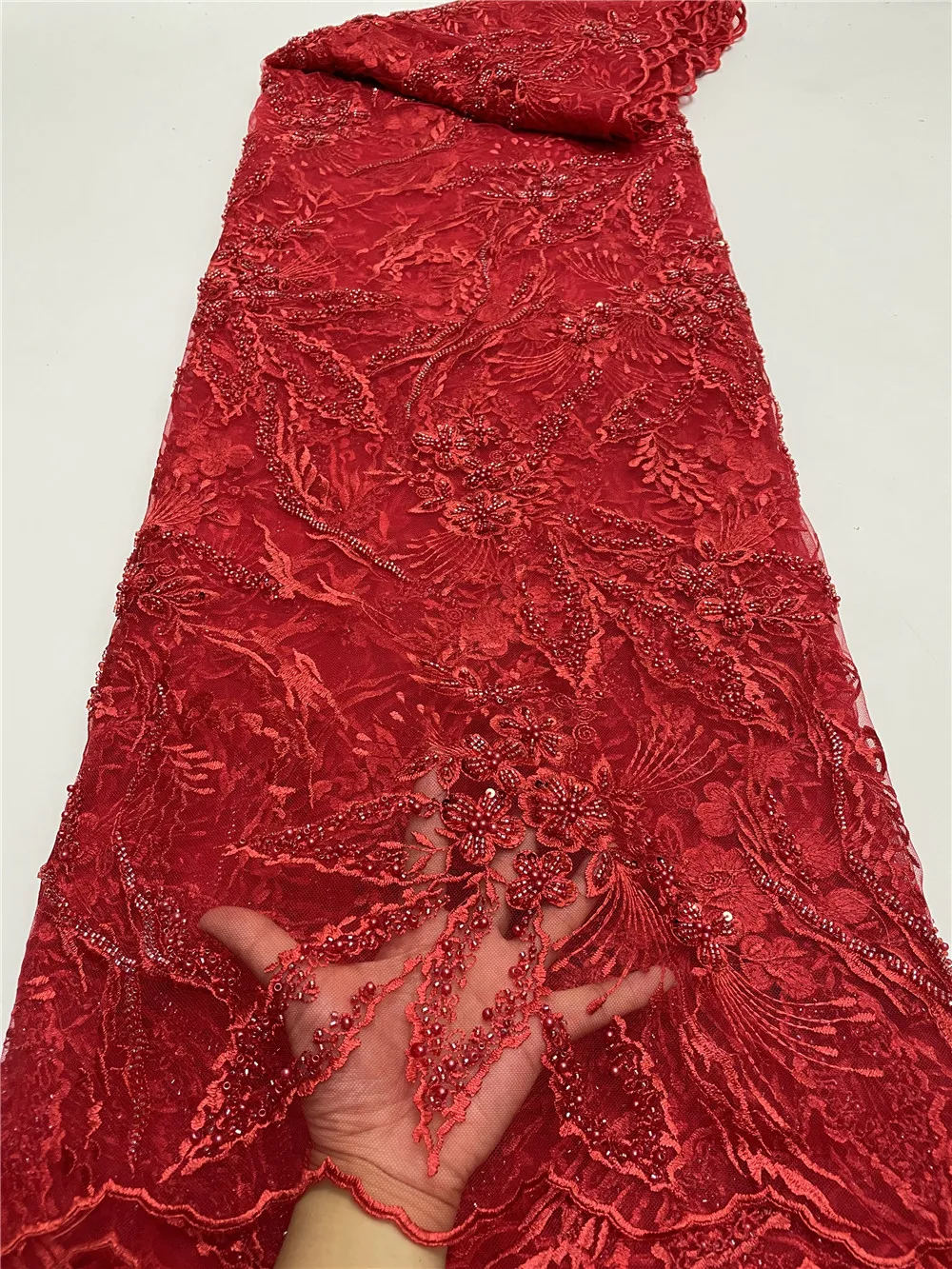 

Luxury Beads Lace Handmade Fabric French Wedding Dress Latest Nigeria Cotton Embroidery Gold Good Price With Beads/Sequins New