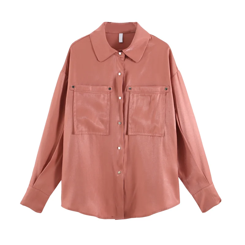 

Double-pocket Long-sleeved Satin Shirt Women's 2021 New Spring Korean Loose-fitting Top Ladies Casual Blouses