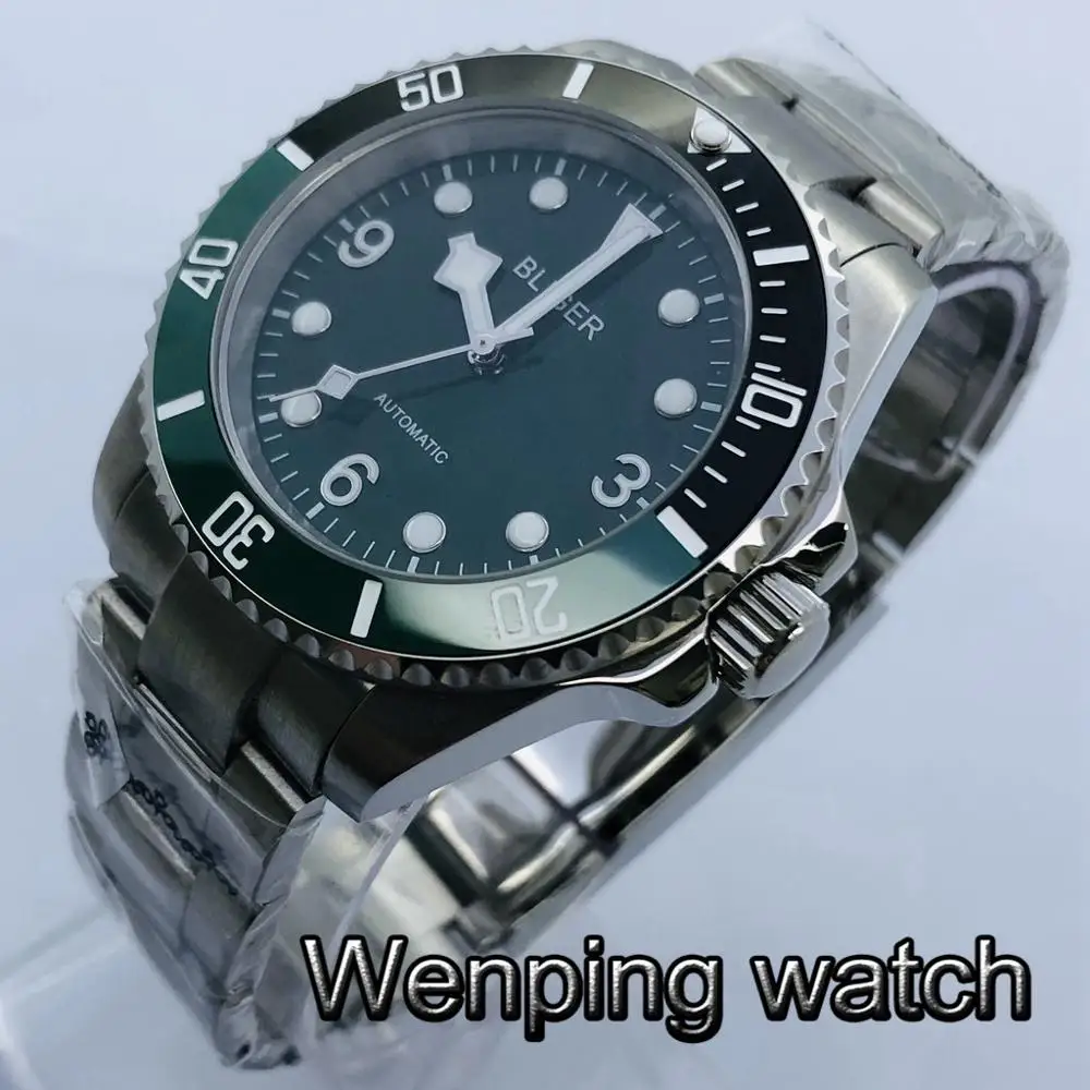 

Часы мужские механические Bliger, 40 мм, серебристый корпус, сапфировое стекло, Керамическая рамка, зеленый циферблат, водонепроницаемые, автоматические