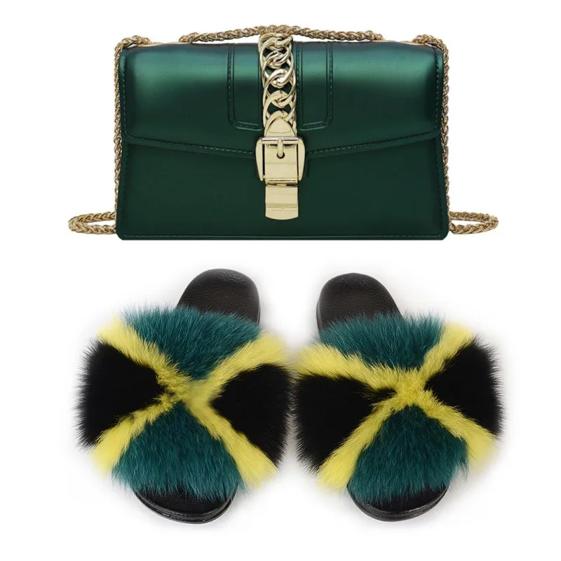 Тапки женские из натурального Лисьего меха пушистые сланцы милые туфли на