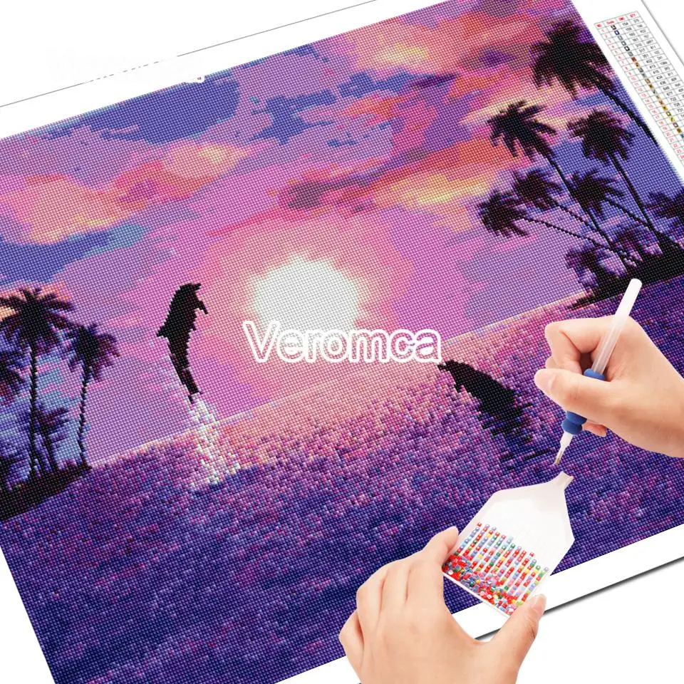 5D Diy алмазная живопись пляж закат пейзаж искусственное дерево фиолетовая картина