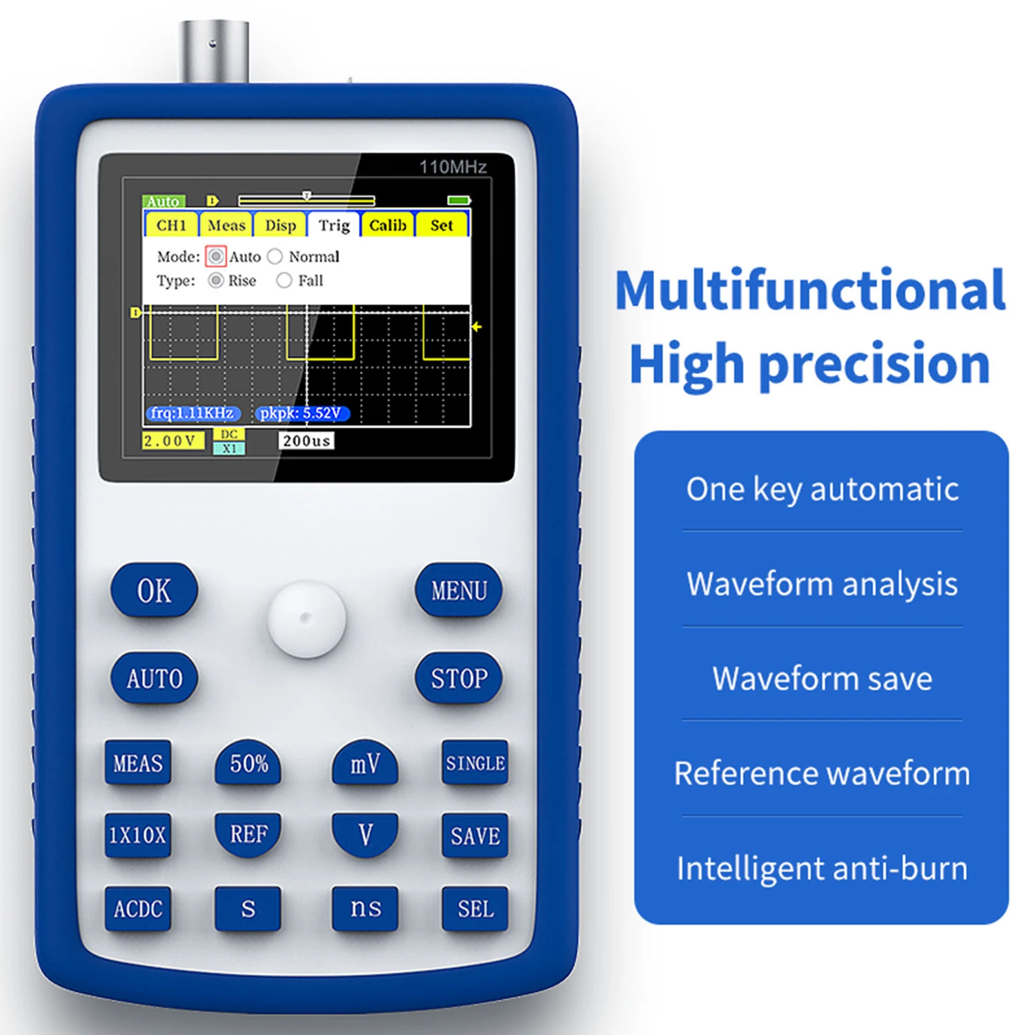 

Meterk Digital Oscilloscope 500MS/S Sampling Rate 110MHz Bandwidth 1KHz/3.3V Calibration Square Wave Measuring Oscilloscopes