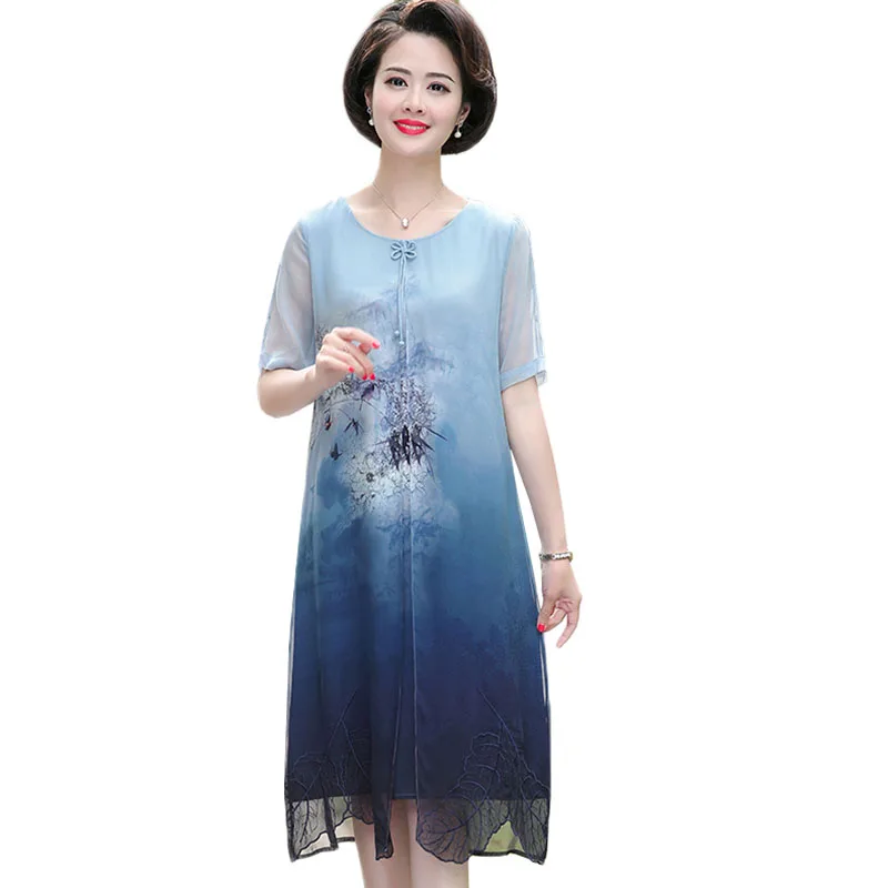 

Summer Dresses Women New Printed Chiffon Fake Two-piece Dress Elegant Middle-aged Loose Mid-Long Dress Female Sundress 5XL AH137