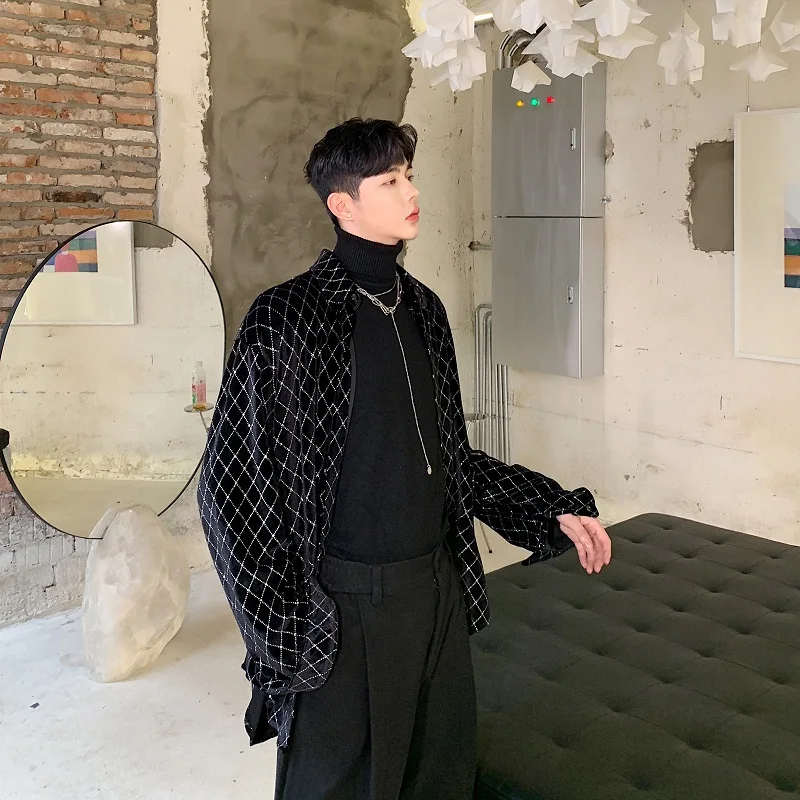 Мужской бархатный Блестящий клетчатый Свободный кардиган Повседневная рубашка