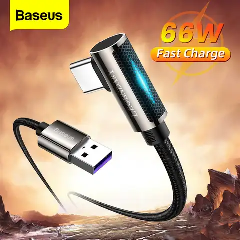 Baseus светодиодный кабель с разъемом USB Type-C 90 градусов быстрый зарядный кабель для передачи данных для Xiaomi mi Huawei Samsung 66W 5A USB C мобильный телефон ...