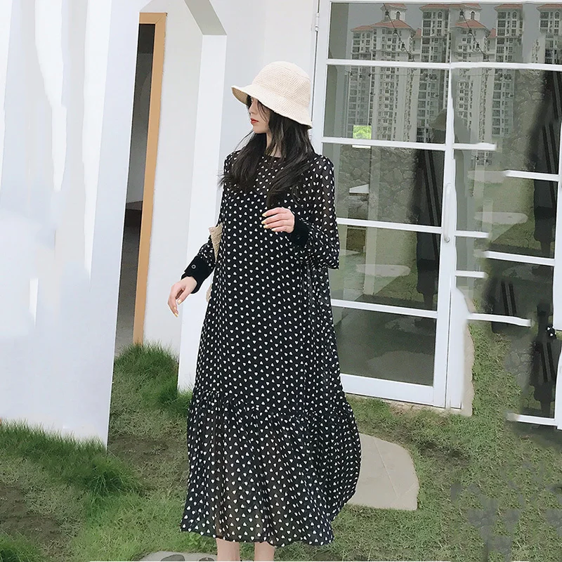 LANMREM Черное женское шифоновое платье с круглым вырезом и длинным рукавом принтом