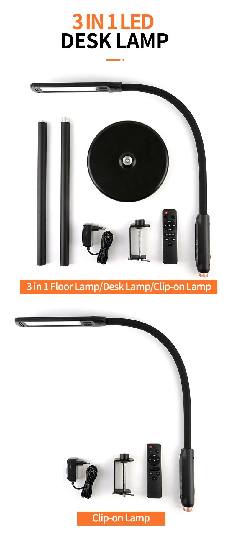 blacklight flashlights LED 3 In 1 Clip-on Lamp Floor Lamp Desk Lamp With Remote Control Dimming Gooseneck Pole Folding Lamp For Bed Living Room Office charging torch