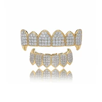popular gold silver color iced out hip hop teeth grillz micro pave cubic zircon top bottom vampire teeth set men jewelry gifts