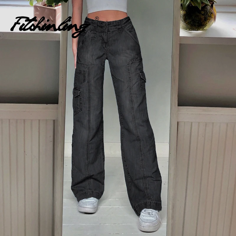 

Fitshinling Goth Vintage Denim Pant Loose Distressed Pockets Gothic Street Style Cargo Pants Female Trousers Dark Punk Grunge