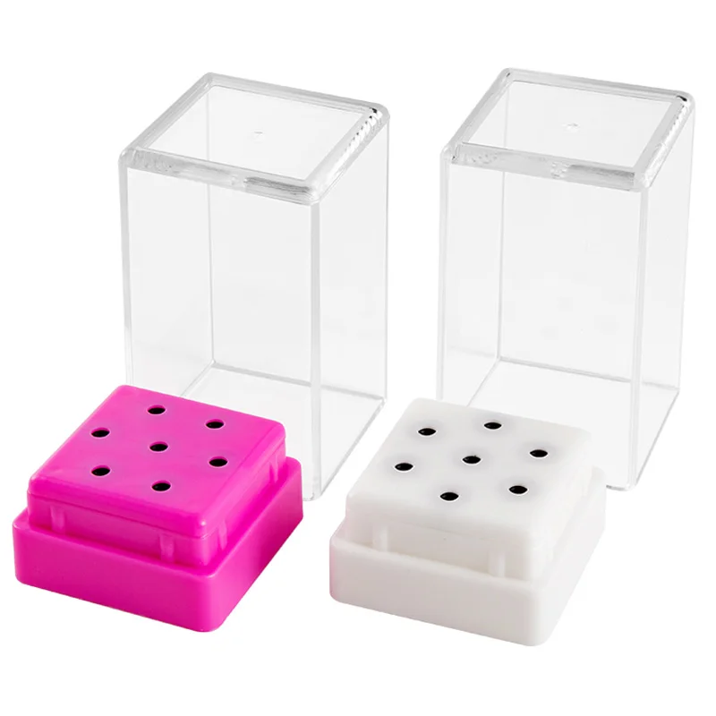 Стояк для хранения сверл для маникюра с 7 ячейками, пустой, для акриловых сверл, синего цвета.