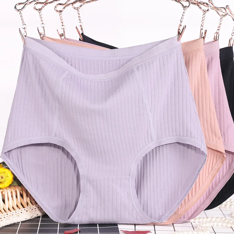 

Bragas de algodn de cintura alta para mujer, lencera lisa, ropa interior a rayas, transpirable, talla grande XL ~ 6XL, 3