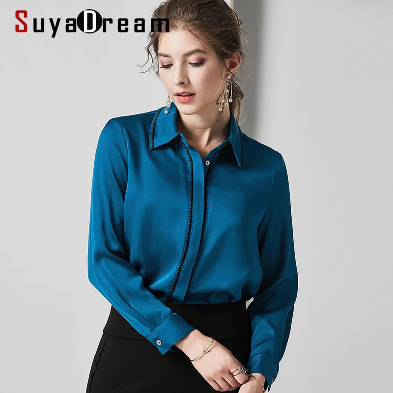 SuyaDream женские одноцветные блузки 100% шелк атлас 2020 весна отложной воротник