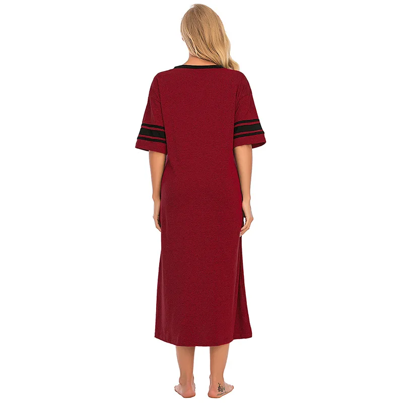 Sleepwear Women Spring and Summer New Comfortable V-neck Loose Contrast Short-sleeved Home Service Sexy Nightwear Sleep Tops