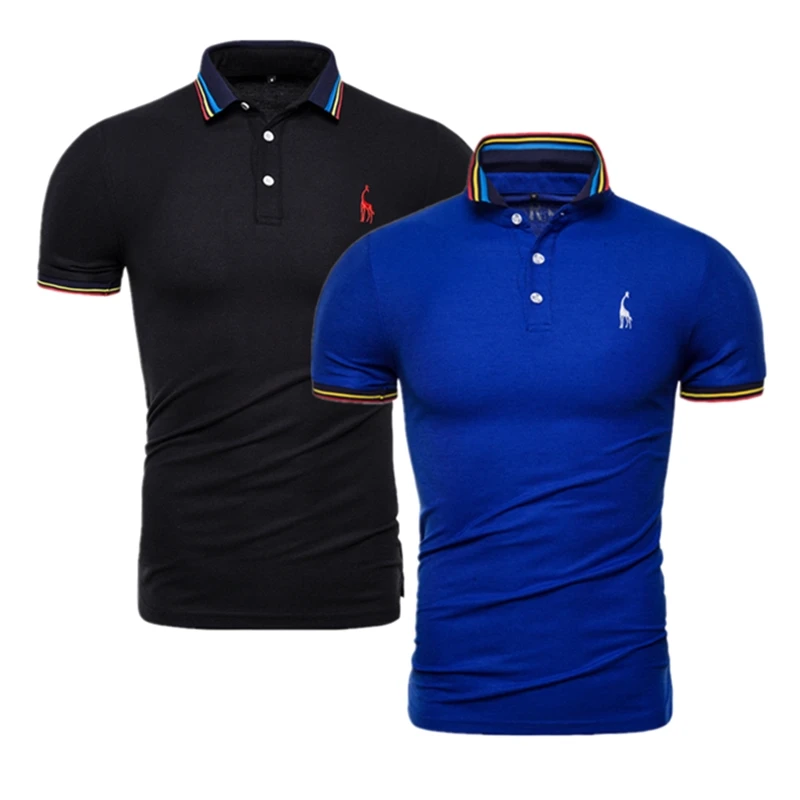 blue-black Фирменное Качество, 2 шт./лот, Мужская однотонная приталенная рубашка поло с вышитым оленем, Мужская Повседневная деловая рубашка поло, мужские топы с жирафом - Цвет: blue-black