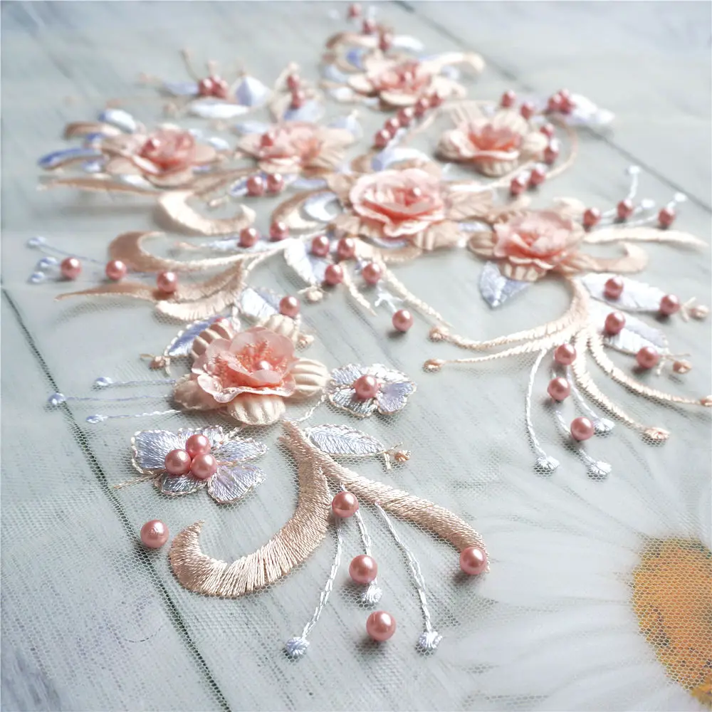 Детские розовые Бусы 3D цветок кружевная ткань вышитое платье Аппликации отделка