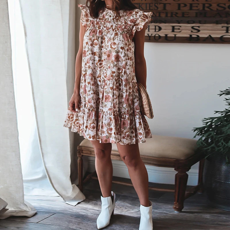

Summer Bohemian Floral Print Butterfly Sleeve Short Dress Casual Loose Suit Women Holiday 2021