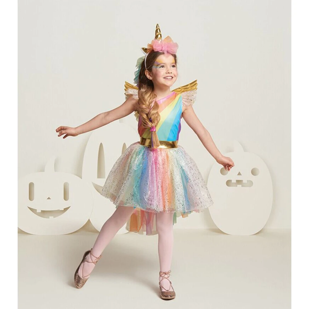 Girl Halloween Rainbow Pony Costume Infant Unicorn Dress Horse Girl Flutter Sleeve Glitter Pony Dress Angel Wings Headband Kids images - 6