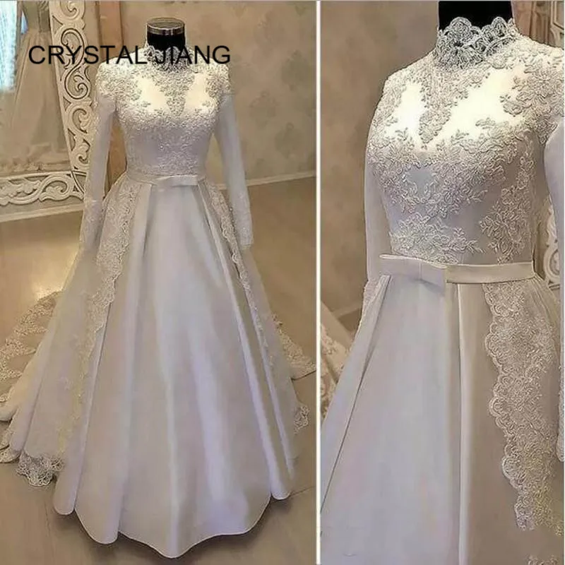 

New Fashion 2020 High Neck Lace Applique A Line Wedding Dresses Custom made Long Sleeves Dubai with Detachable Train Bridal Gown