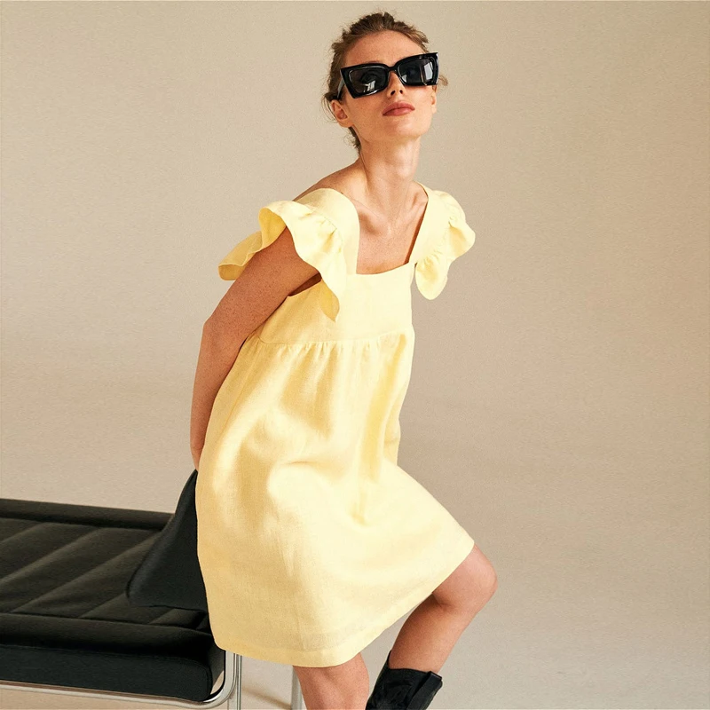 

Women Elegant Butterfly Sleeve Ruffles Dress 2021 Summer Casual loose pocket A-Line party Dresses beach mini Dress Vestido
