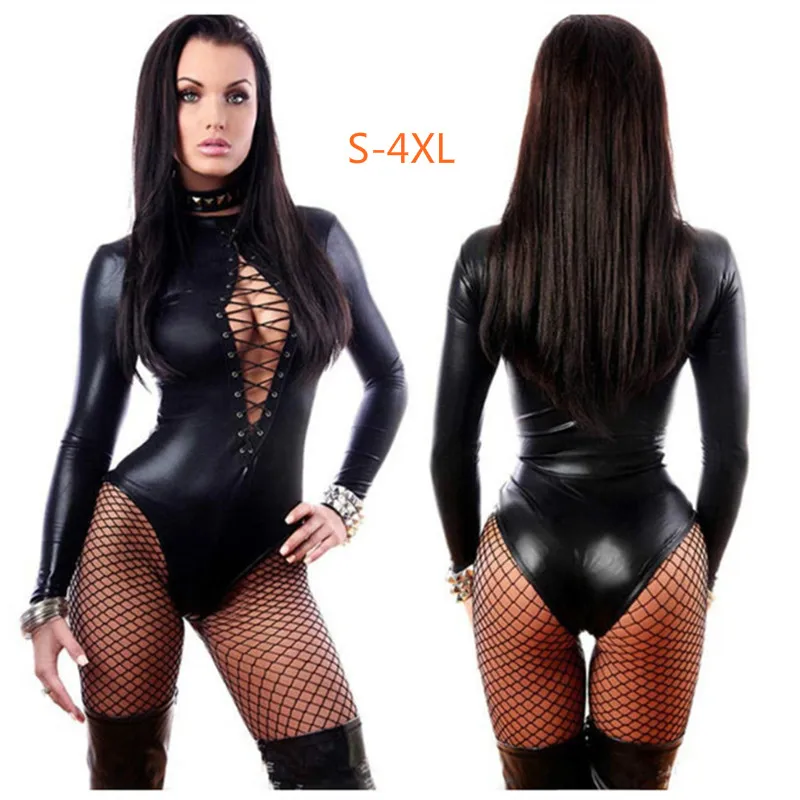 

Sexy Latex Bondage Bodysuit Sexi Teddy Lingerie Women Breast Exposing Jumpsuit Clothes Leather Catsuit Dress for Sex