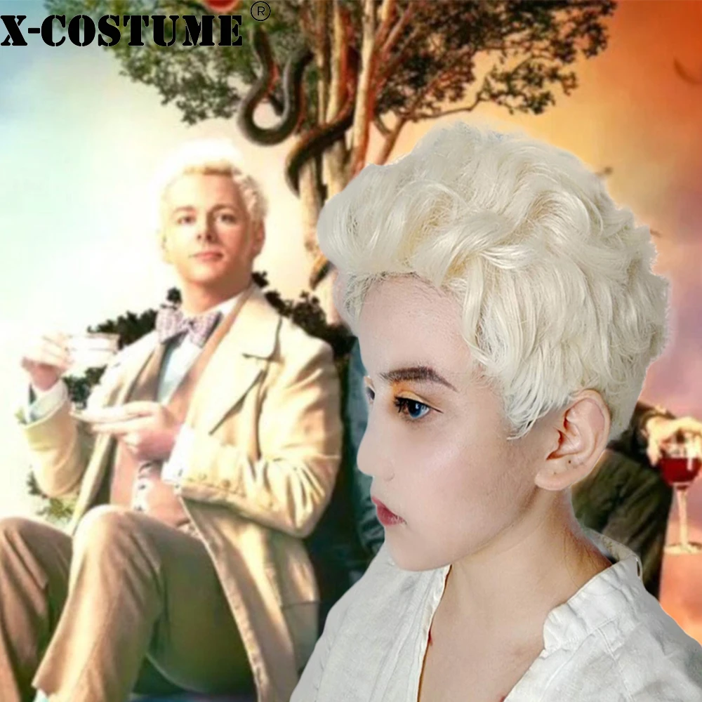 X COSTUME хороший о мужской s Angle Aziraphale косплей парик Короткие вьющиеся белые волосы