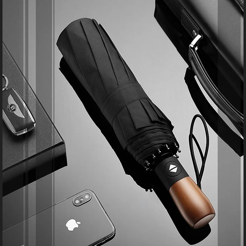 

Складной зонт с защитой от дождя, автоматический, с 10 ребрами, прочный, ветрозащищенный, черный, для мужчин и женщин, складной зонтик