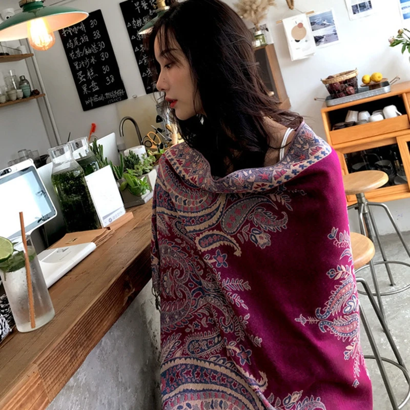 

New Bohemia Style Women Double Side Paisley Silky Pashmina Scarf Wrap Shawl Lady's Ethnic Jacquard fringed Travel scarf