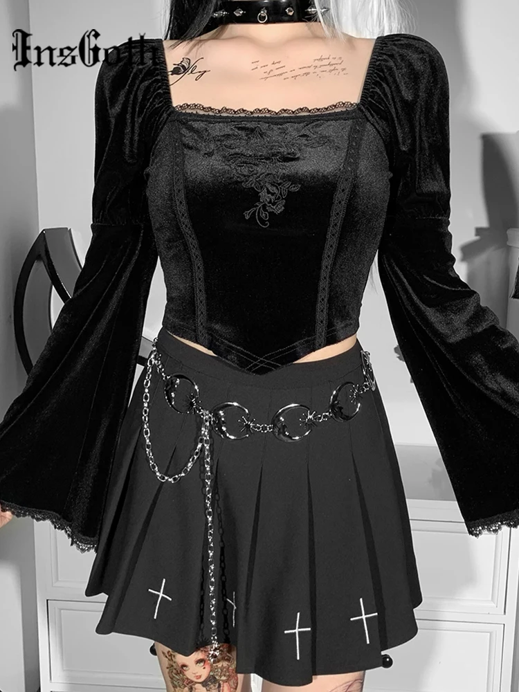 

InsGoth Vintage Black Floral Print T Shirts Gothic Lace Trim Long Flare Sleeve Assymmetric Crop Top Backless Sexy Aesthetic Tees